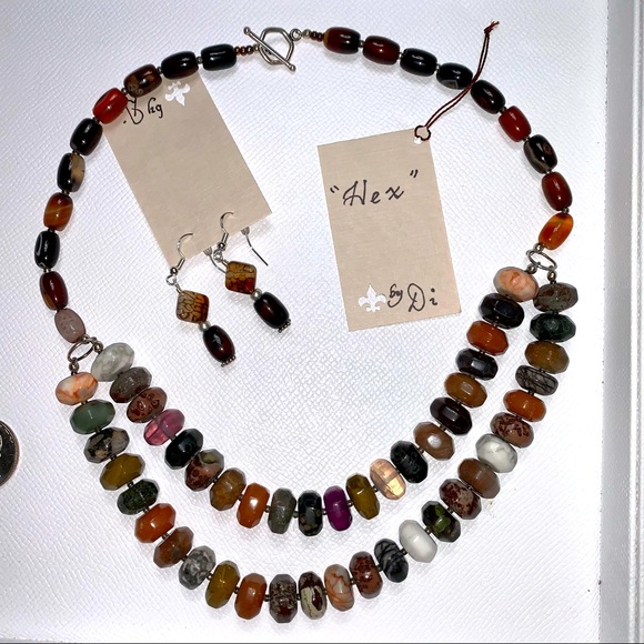 Jewelry - Handcrafted “Hex” Multi Gemstone Hexagonals & Agate Necklace & Earrings Set